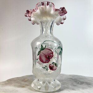 Vtg Fenton Vase French Opalescent Trellis Rose Crest Floral Ruffled Hand-painted